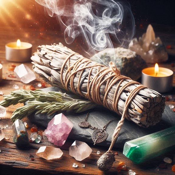 Smudging herbs and incense used for cleansing, purification, and ritual atmosphere.