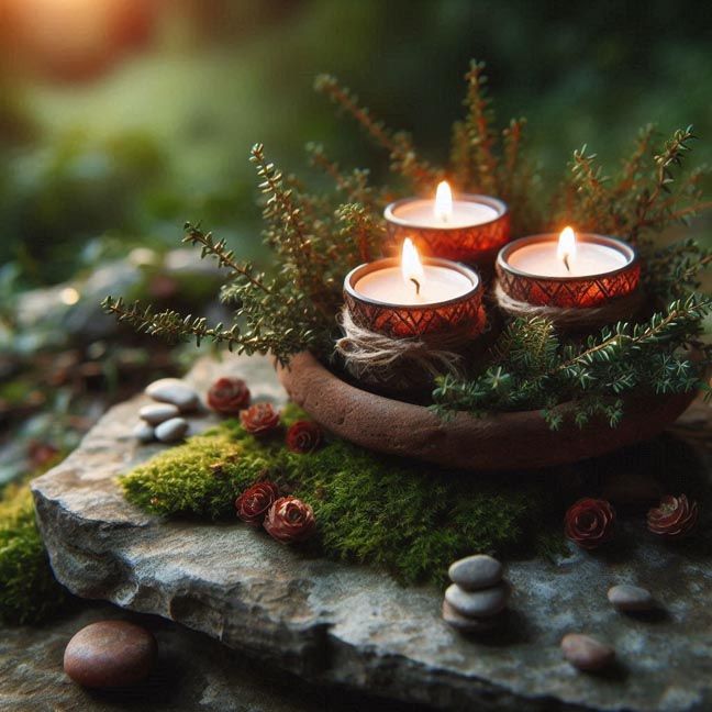 Organic soy tea lights with essential oils and gemstones, glowing softly in natural light.