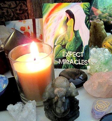 Collection of cleansing and grounding tools including incense, smudging, tuning forks, sprays, and crystals.