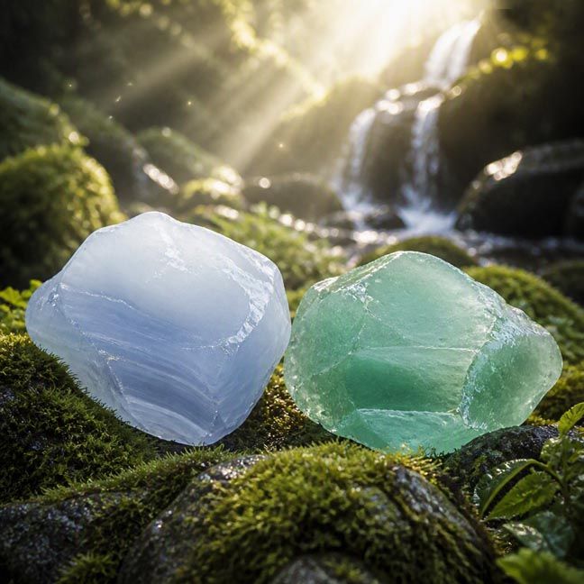 Chalcedony crystal in soft blue‑green tones symbolizing peace, harmony, and emotional healing.