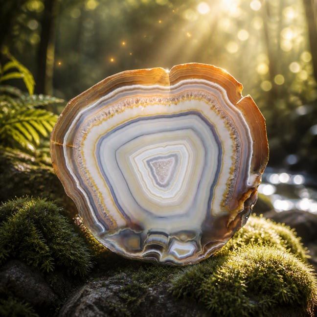 Agate stones in layered earthy tones symbolizing grounding, balance, clarity, and emotional stability.