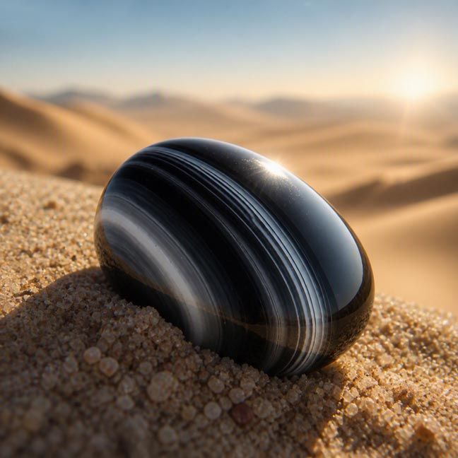 Black Sulemani Agate stone with silver bands, symbol of protection, grounding, and transformation.