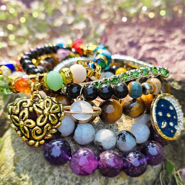 Close‑up of a handcrafted gemstone bracelet with mixed materials