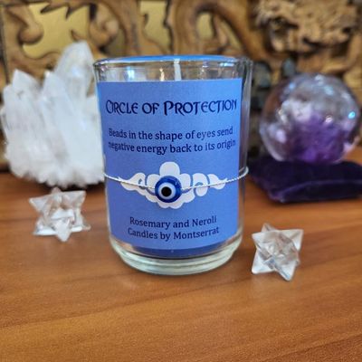 Circle of Protection organic soy candle with Rosemary, Neroli, and Third Eye bead for clarity and spiritual safety.