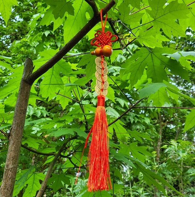 Feng Shui Prosperity Knot with five coins and Wu Lou charm for abundance, protection, and good fortune.