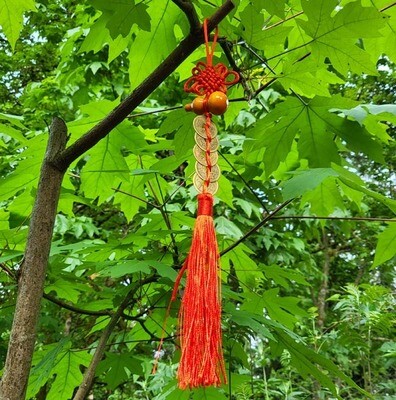 Feng Shui Prosperity Knot with five coins and Wu Lou charm for abundance, protection, and good fortune.