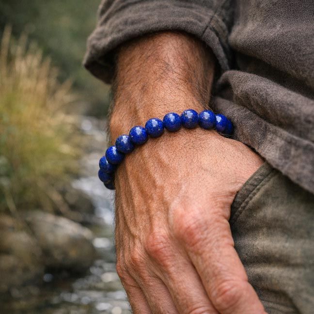 8mm Lapis Lazuli bracelet with deep blue beads flecked with golden pyrite for wisdom and clarity.