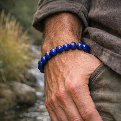 8mm Lapis Lazuli bracelet with deep blue beads flecked with golden pyrite for wisdom and clarity.