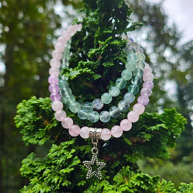 Green Fluorite, Black Moonstone, Rose Quartz, and Lilac Amethyst 6mm mala with star charm