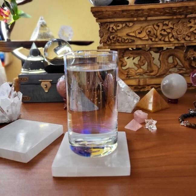 4" selenite charging tile for cleansing crystals and raising vibration; luminous white charging plate.