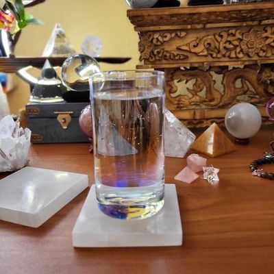 4" selenite charging tile for cleansing crystals and raising vibration; luminous white charging plate.