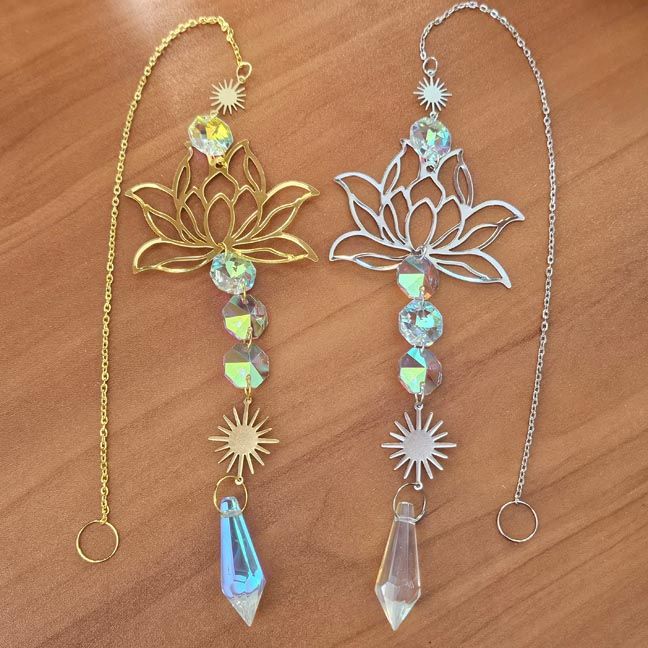 Crystal Lotus suncatcher in silver or gold with sparkling crystals for renewal and rainbow light.