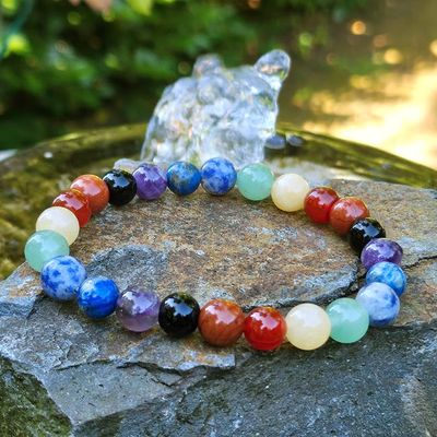 Natural gemstone chakra bracelet with 8mm beads for alignment, balance, and grounding energy.