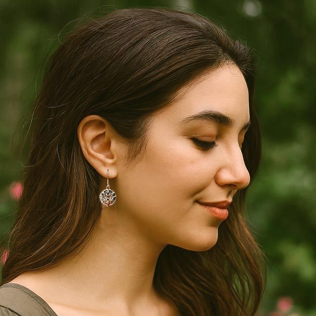 Lotus earrings with seven chakra‑colored rhinestones symbolizing balance and spiritual alignment.