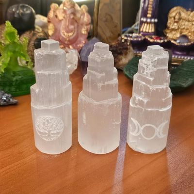 USB selenite tower lamps with optional engraved designs for cleansing and calm.
