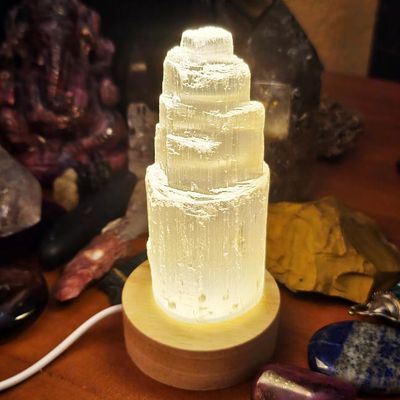 USB selenite tower lamp with optional engraved designs for cleansing and calm.