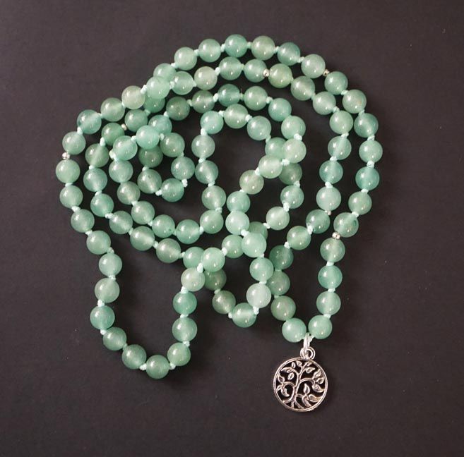 Green Aventurine 108‑bead mala with Tree of Life charm, symbolizing renewal and abundance.