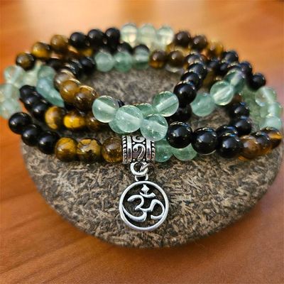 🕉️Sacred Sound OM Mala – Obsidian, Tiger Eye &amp; Green Fluorite