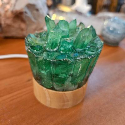 Handmade green aura quartz lamp with LED base, USB plug, and adjustable light for healing and renewal.