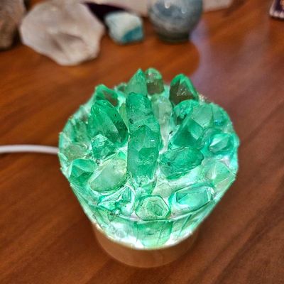 Handmade green aura quartz lamp with LED base, USB plug, and adjustable light for healing and renewal.