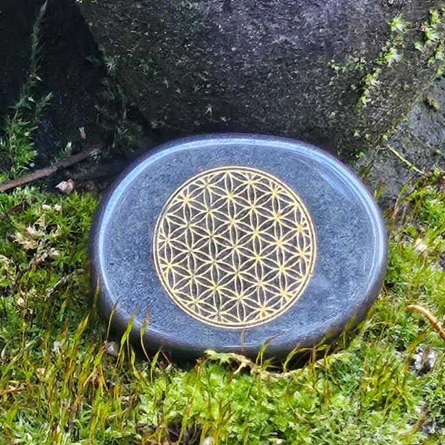 🌻 Flower of Life palm stone in Hematite