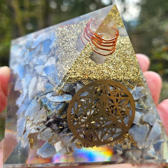 Blue Opal orgone pyramid with clear quartz, copper spiral, and Soul Star Chakra insert, 3-inch base.