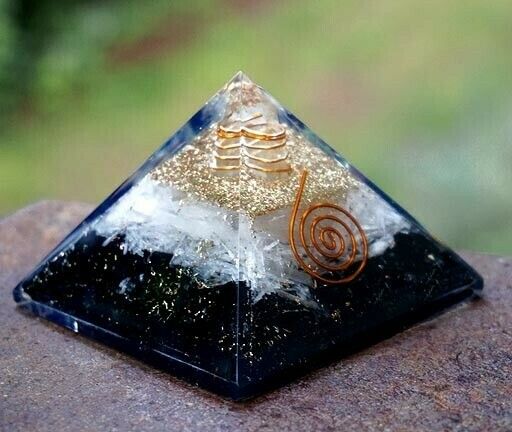 Selenite and Black Tourmaline orgone pyramid with clear quartz, copper spiral, and brass insert, 3-inch base.