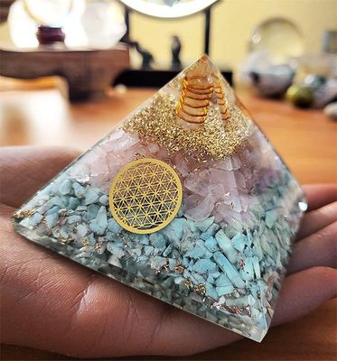 Rose Quartz and Larimar orgone pyramid with Flower of Life base, clear quartz point, and copper spiral.
