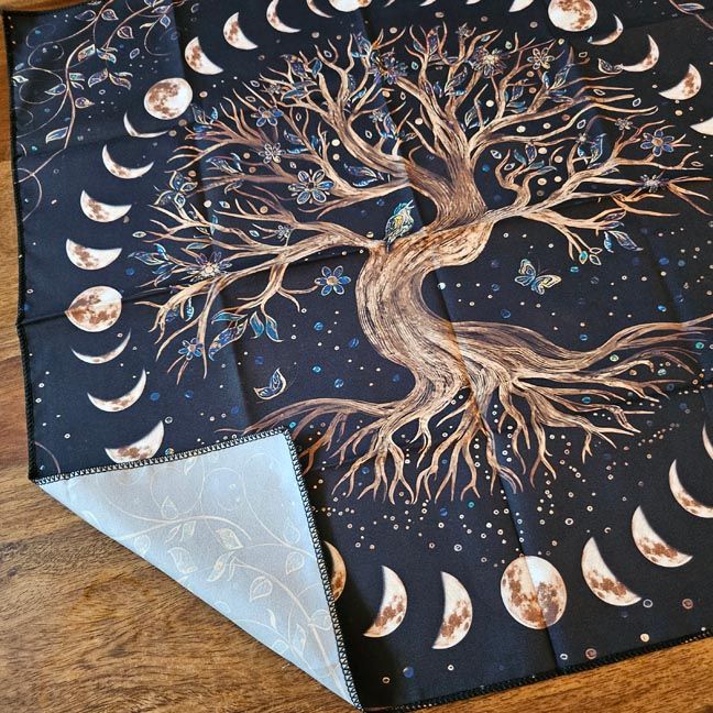Tree of Life altar cloth with full lunar cycle and nature motifs, 18×18 polyester.