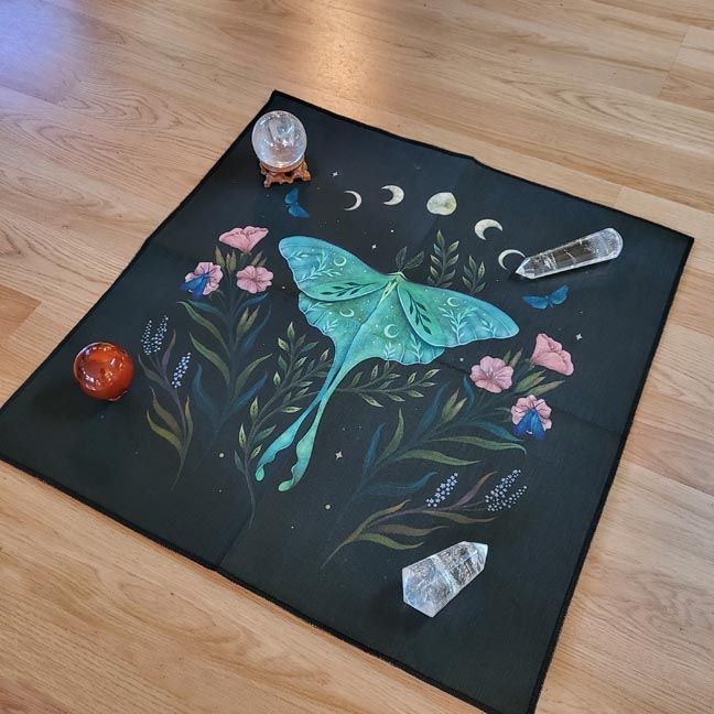 Luna Moth altar cloth with moon phases, wildflowers, and celestial night accents, 18×18 polyester.