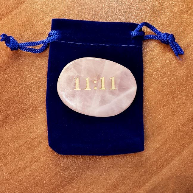 Rose Quartz palm stone engraved with 11:11 for intention, self‑love, mindfulness, and heart‑centered guidance.
