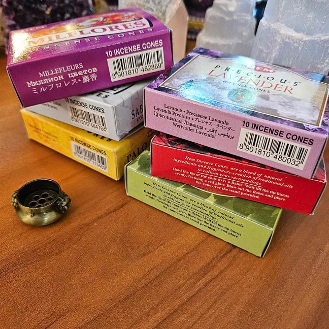 HEM incense cones variety pack with 60 cones and a free brass burner.