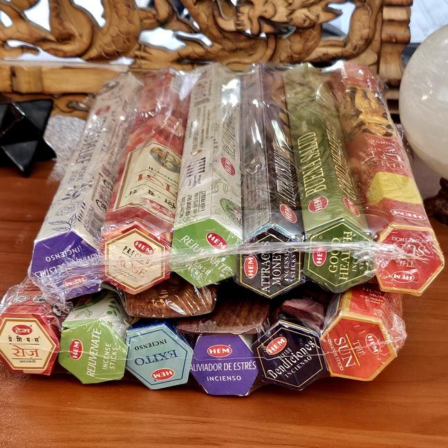 HEM Assorted Hexa incense pack with six tubes and a free wooden incense holder.