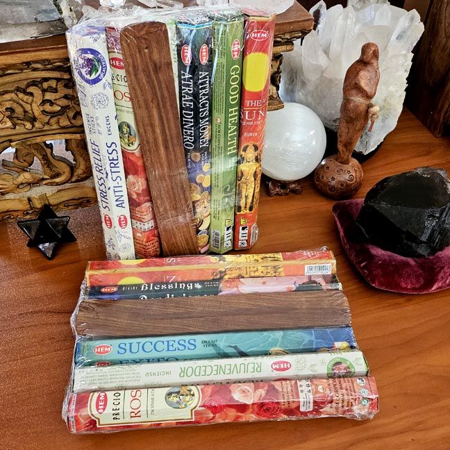 HEM Assorted Hexa incense pack with six tubes and a free wooden incense holder.