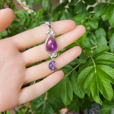 🌙​Amethyst &amp; Lepidolite Moon sterling silver pendant