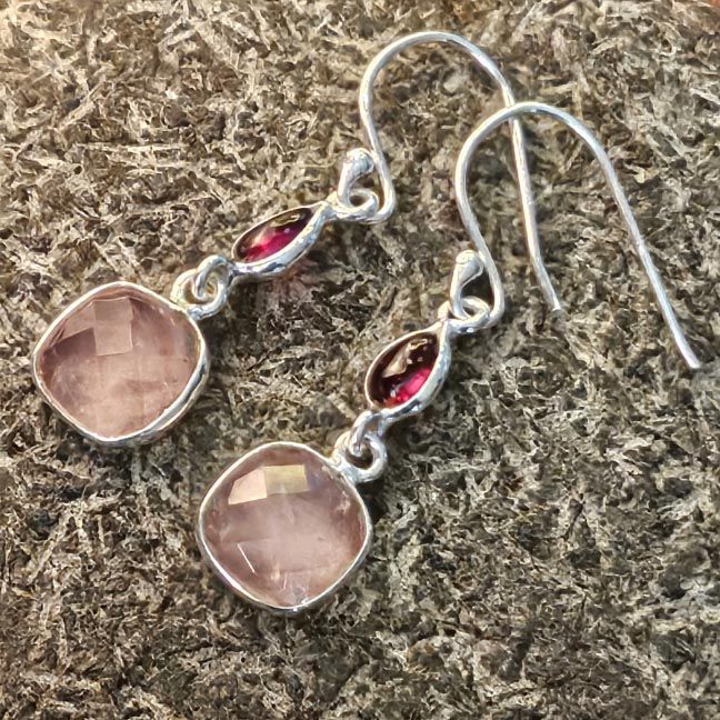 Rose Quartz with Garnet sterling silver earrings