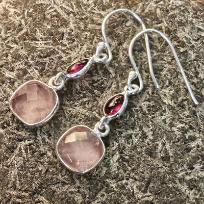 Rose Quartz with Garnet sterling silver earrings
