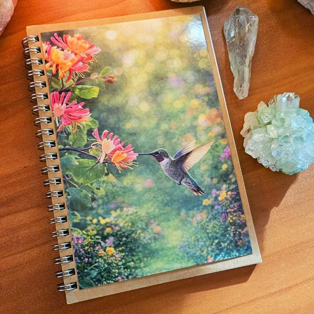 Spiral‑bound journal with a hummingbird hovering near honeysuckles in a soft, sunlit garden filled with glowing greenery.