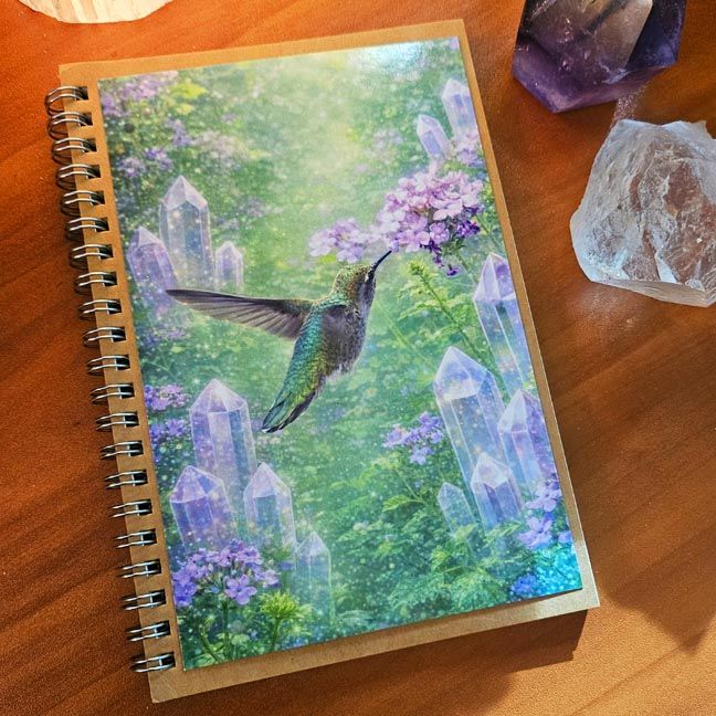 Spiral‑bound journal with a hummingbird hovering near purple flowers surrounded by glowing crystals in a mystical garden