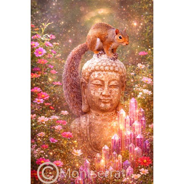 Buddha statue with a squirrel on its head surrounded by glowing crystals and pink‑purple flowers in a mystical scene.