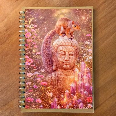 Spiral‑bound journal with a Buddha statue and a squirrel surrounded by glowing crystals and pink‑purple flowers in a mystical