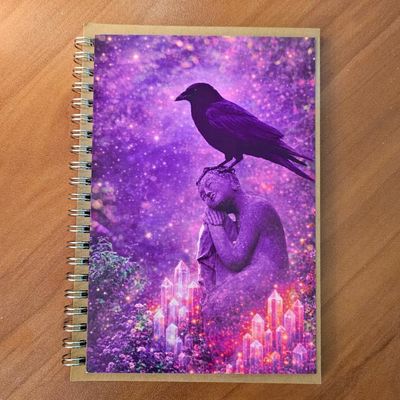 Spiral‑bound journal with a Buddha statue and crow surrounded by glowing purple and pink crystals against a cosmic background