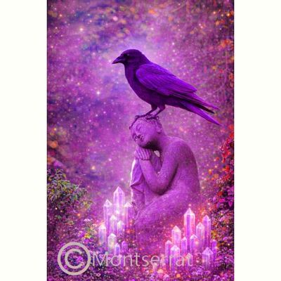 A Buddha statue and crow surrounded by glowing purple and pink crystals against a cosmic background