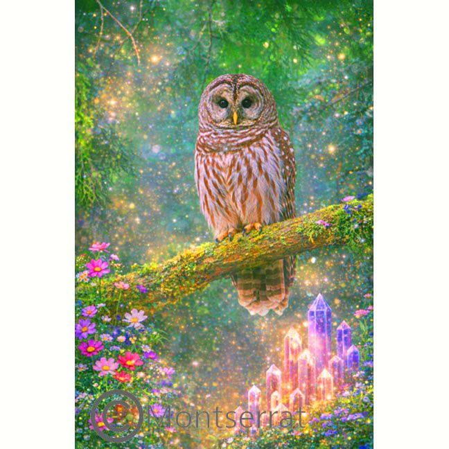 Illustrated owl perched on a mossy branch with glowing sparkles, flowers, and crystals in a fantasy forest.