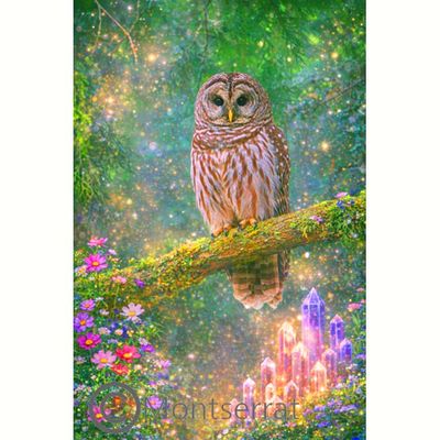 Illustrated owl perched on a mossy branch with glowing sparkles, flowers, and crystals in a fantasy forest.