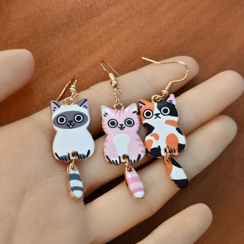 🐈Cat Earrings — Enamel Whimsy in Calico, Siamese &amp; Pink