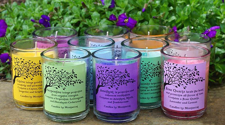 Cluster of Crystal Dance candles arranged in a circle, each topped with its unique gemstone chips