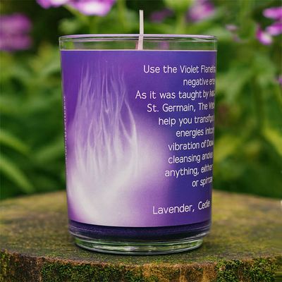Violet Flame organic soy candle with Lavender, Cedarwood, Sage, and lavender flowers for peace and purification.