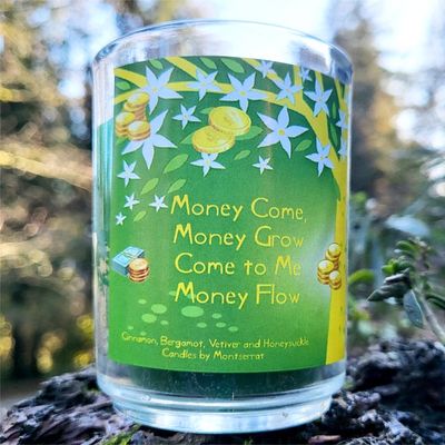 Money Spell organic soy candle with Cinnamon, Bergamot, Vetiver, and Honeysuckle for abundance and prosperity.