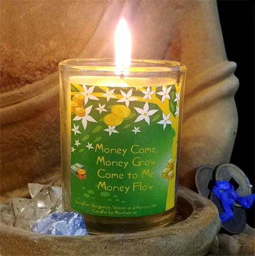 Money Spell organic soy candle with Cinnamon, Bergamot, Vetiver, and Honeysuckle for abundance and prosperity.